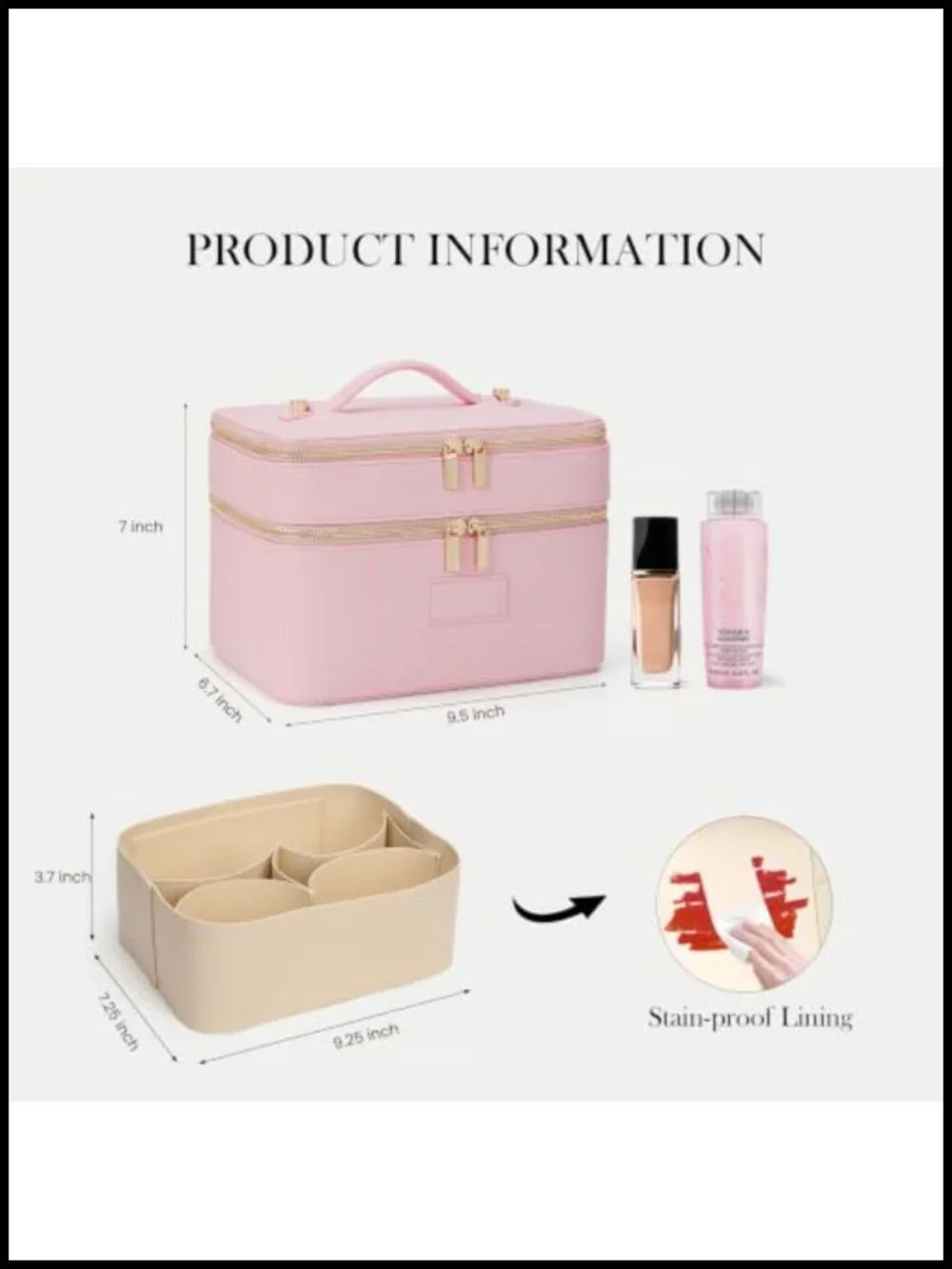 PU Leather Double Layer Travel Makeup Bag with Removable Divider, Waterproof